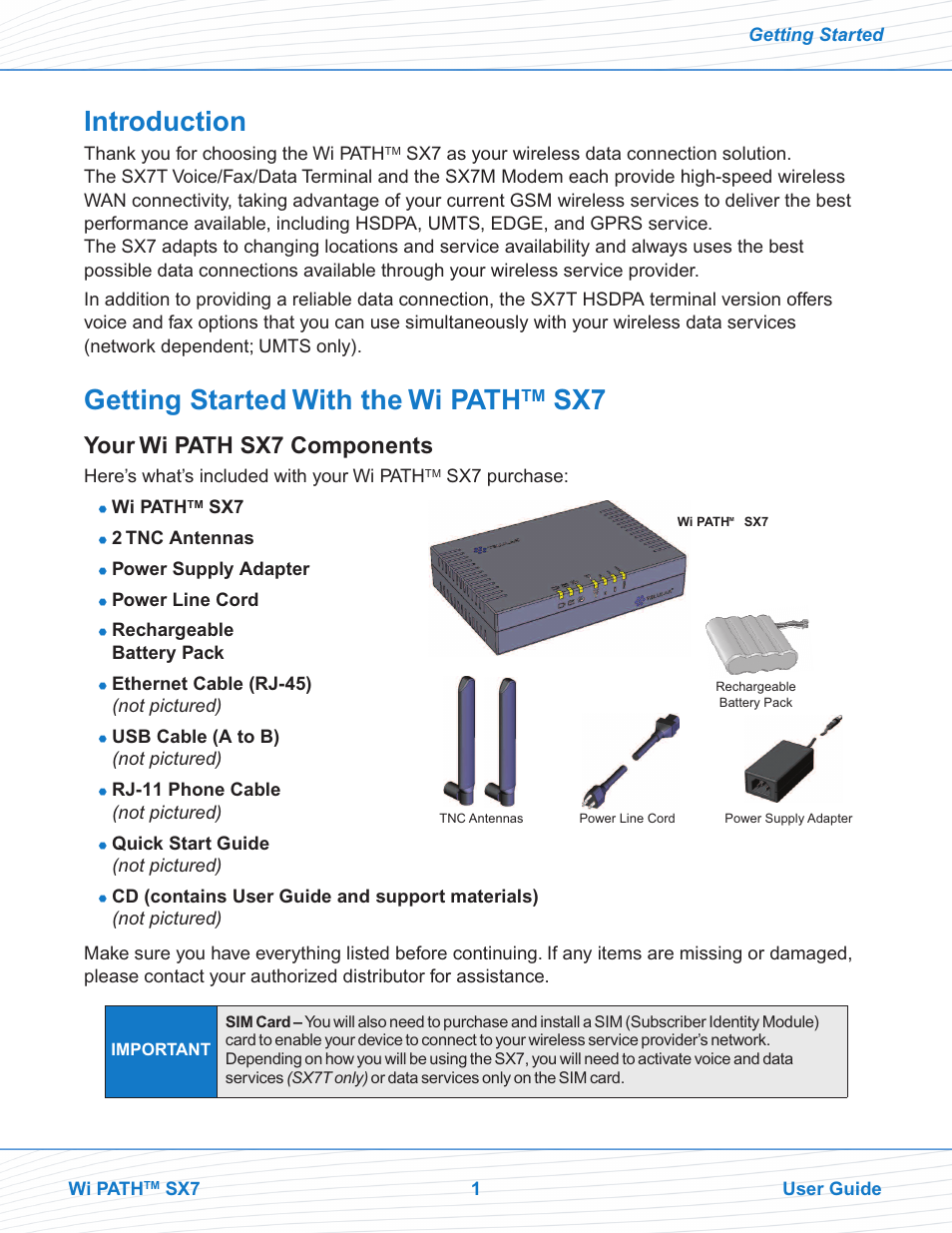 Introduction, Getting started with the wi path sx7, Your wi path sx7 components | Getting started with the wi path | Telular SX7M User Manual | Page 3 / 42