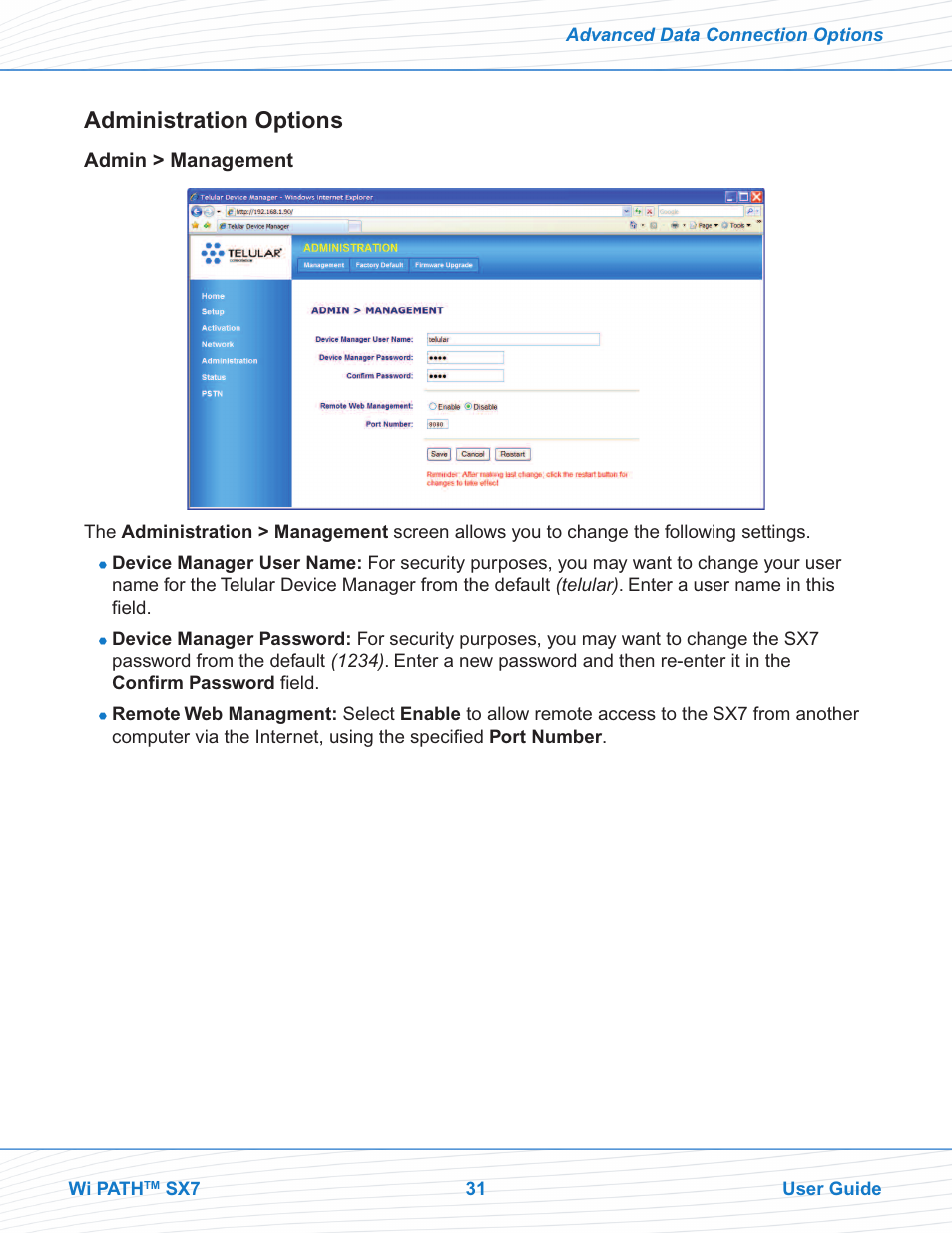 Administration options | Telular SX7M User Manual | Page 33 / 42