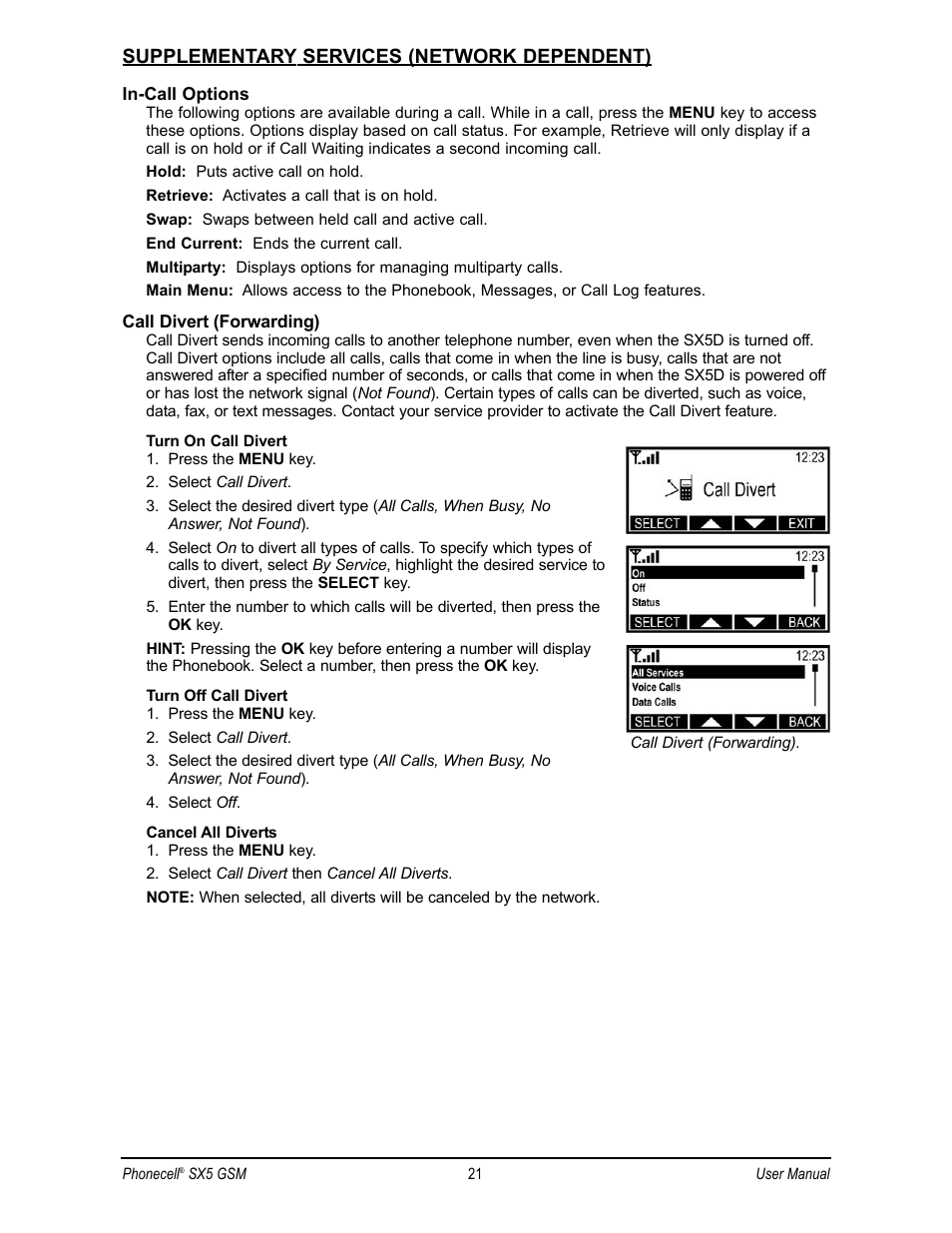 Supplementary services (network dependent) | Telular SX5D User Manual | Page 28 / 56