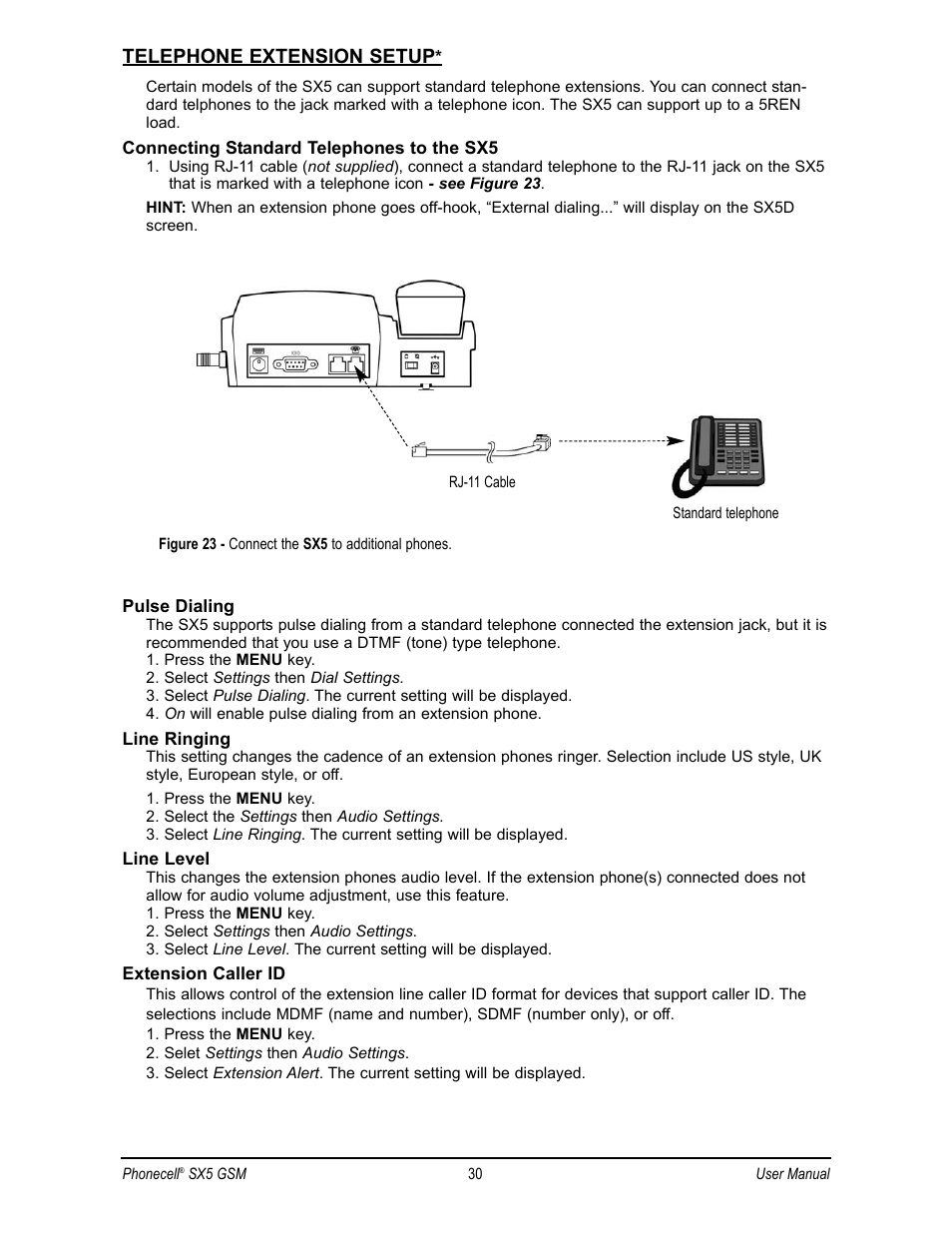 Telephone extension setup | Telular SX5D User Manual | Page 37 / 56