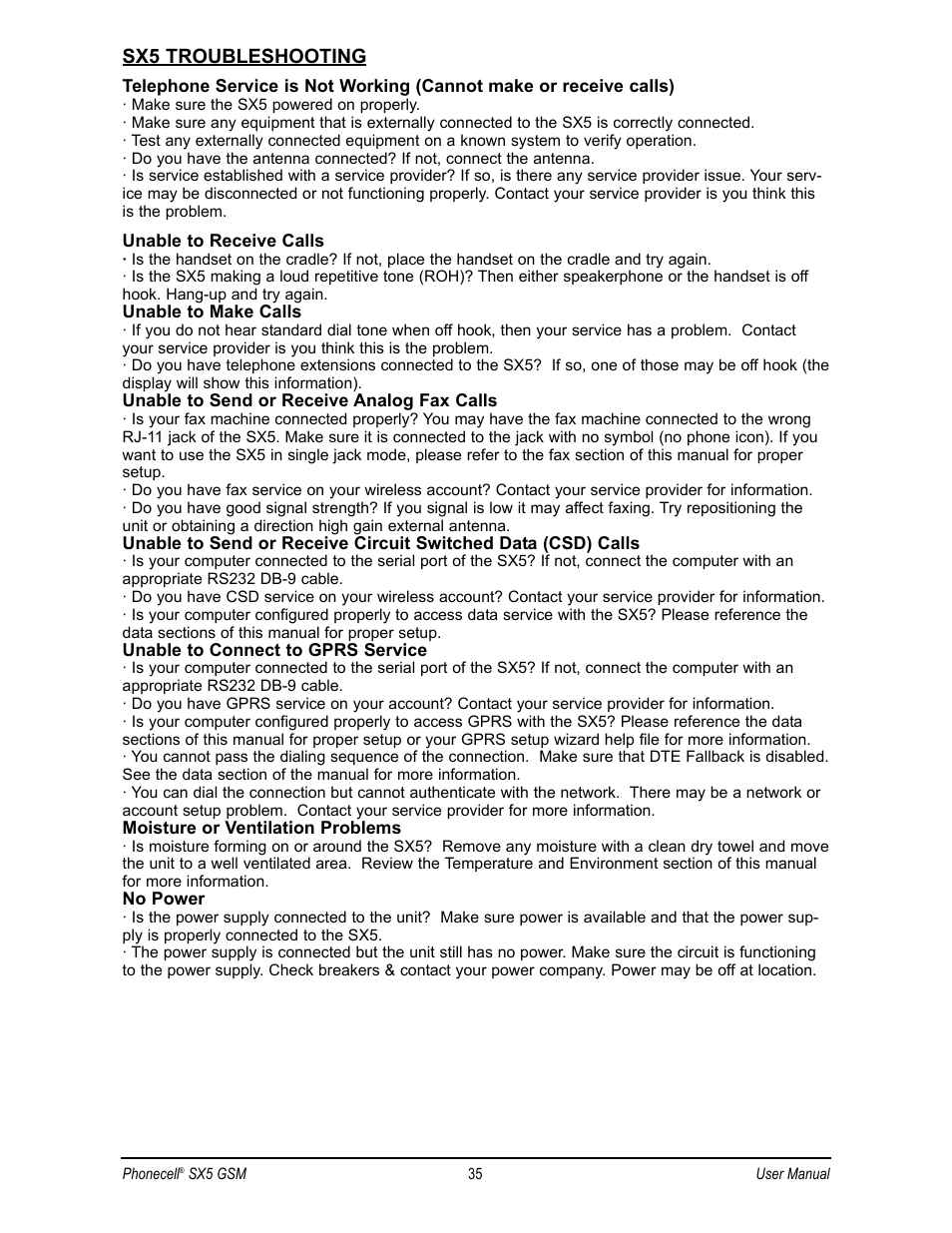 Sx5 troubleshooting | Telular SX5D User Manual | Page 42 / 56