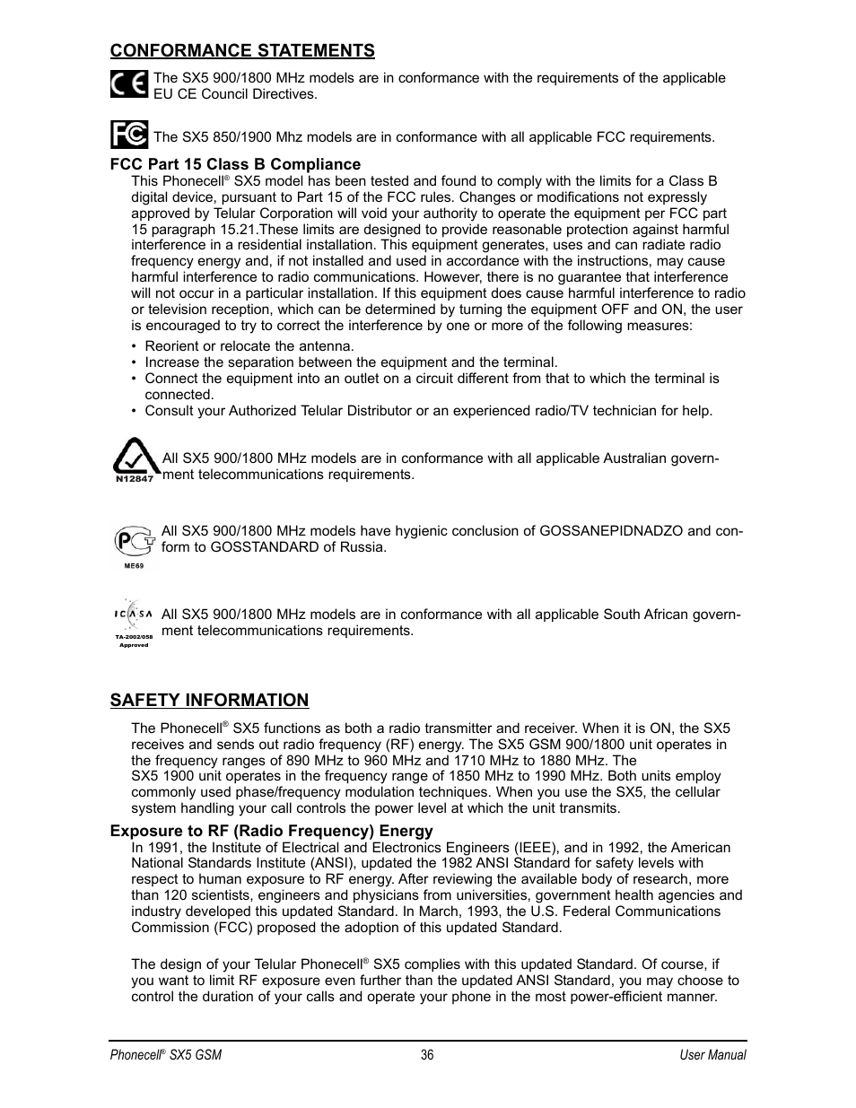 Conformance statements, Safety information | Telular SX5D User Manual | Page 43 / 56