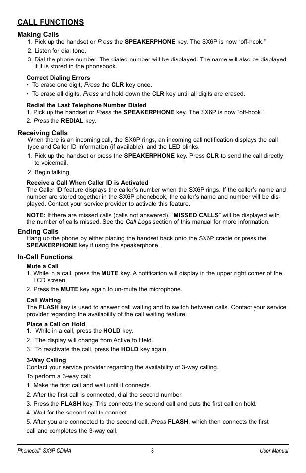Call functions | Telular SX6P User Manual | Page 14 / 44