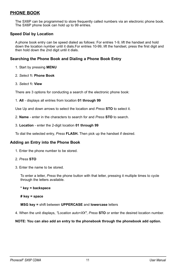 Phone book | Telular SX6P User Manual | Page 17 / 44