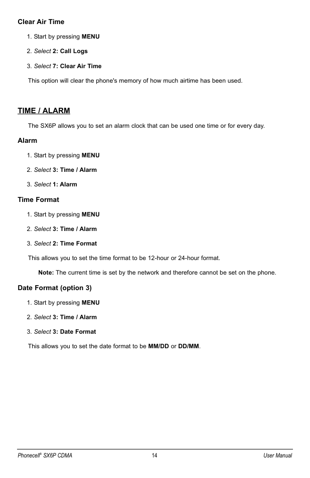 Time / alarm | Telular SX6P User Manual | Page 20 / 44