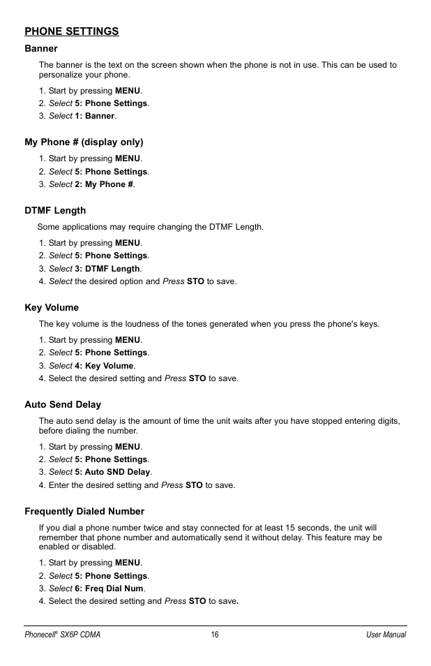 Phone settings | Telular SX6P User Manual | Page 22 / 44