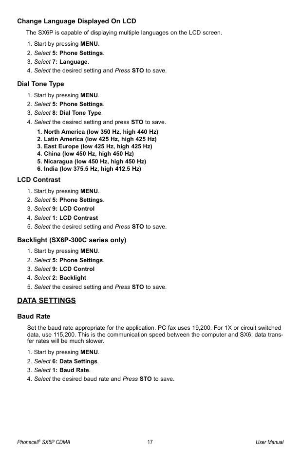 Data settings | Telular SX6P User Manual | Page 23 / 44