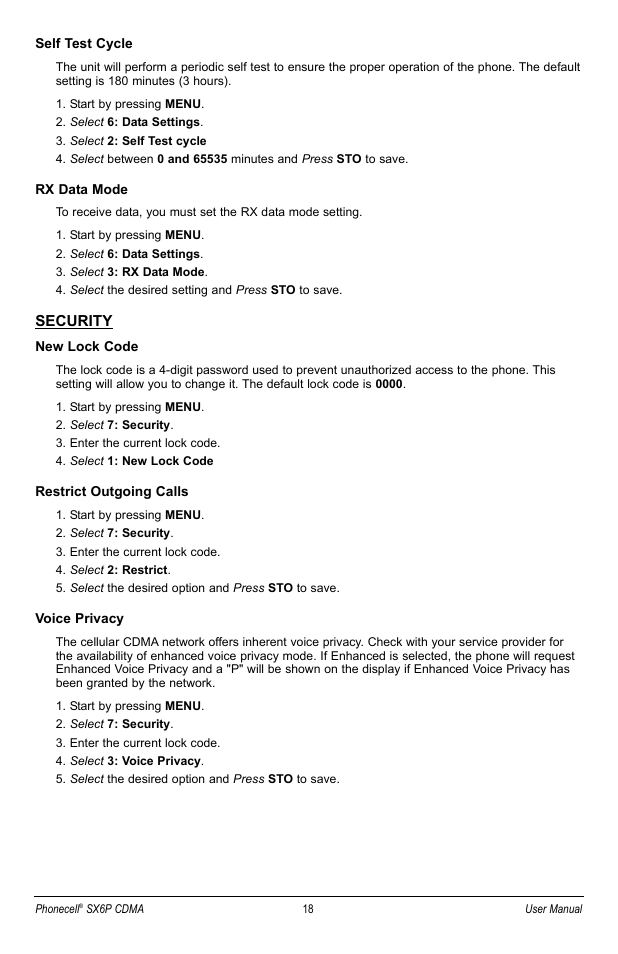 Security | Telular SX6P User Manual | Page 24 / 44