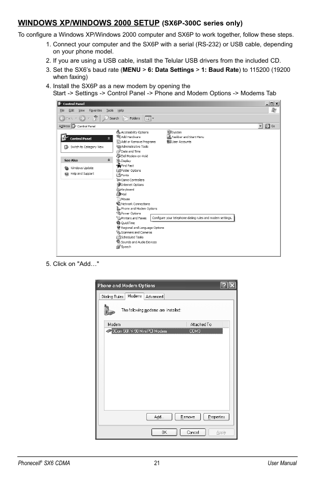 Windows xp/windows 2000 setup | Telular SX6P User Manual | Page 27 / 44