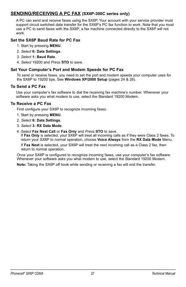 Sending/receiving a pc fax | Telular SX6P User Manual | Page 33 / 44