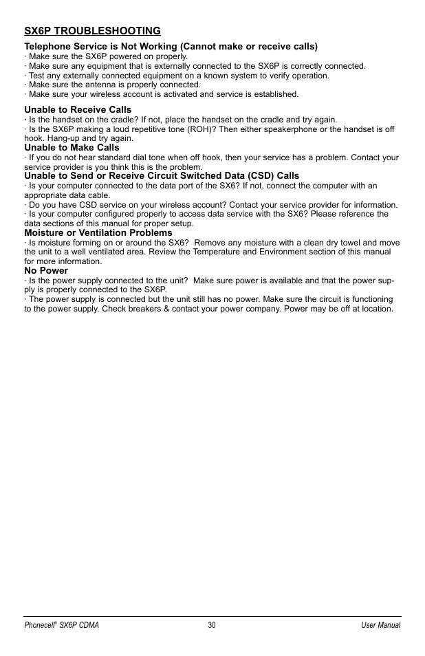 Sx6p troubleshooting | Telular SX6P User Manual | Page 36 / 44