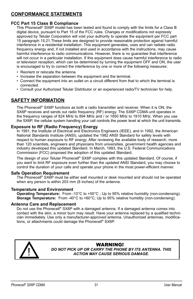 Conformance statements, Safety information, Warning | Telular SX6P User Manual | Page 37 / 44