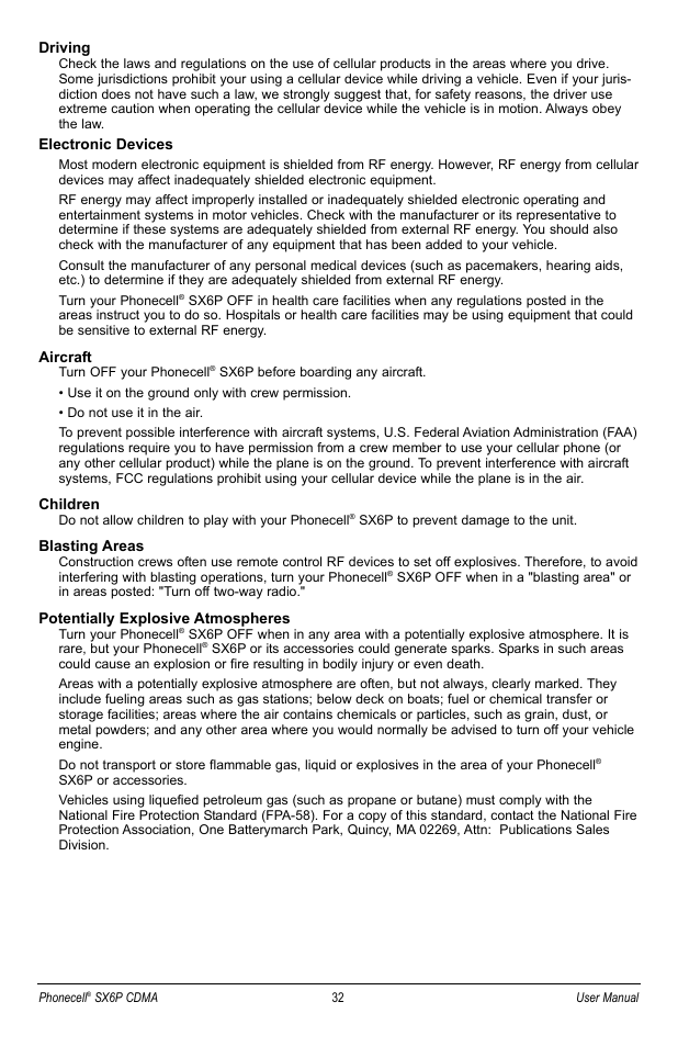 Driving, Electronic devices, Aircraft | Children, Blasting areas, Potentially explosive atmospheres | Telular SX6P User Manual | Page 38 / 44