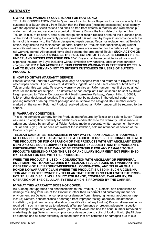 Warranty | Telular SX6P User Manual | Page 39 / 44