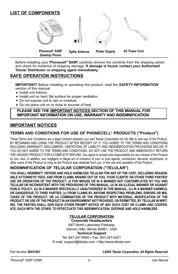 Safe operation instructions, Important notices, List of components | Telular SX6P User Manual | Page 4 / 44