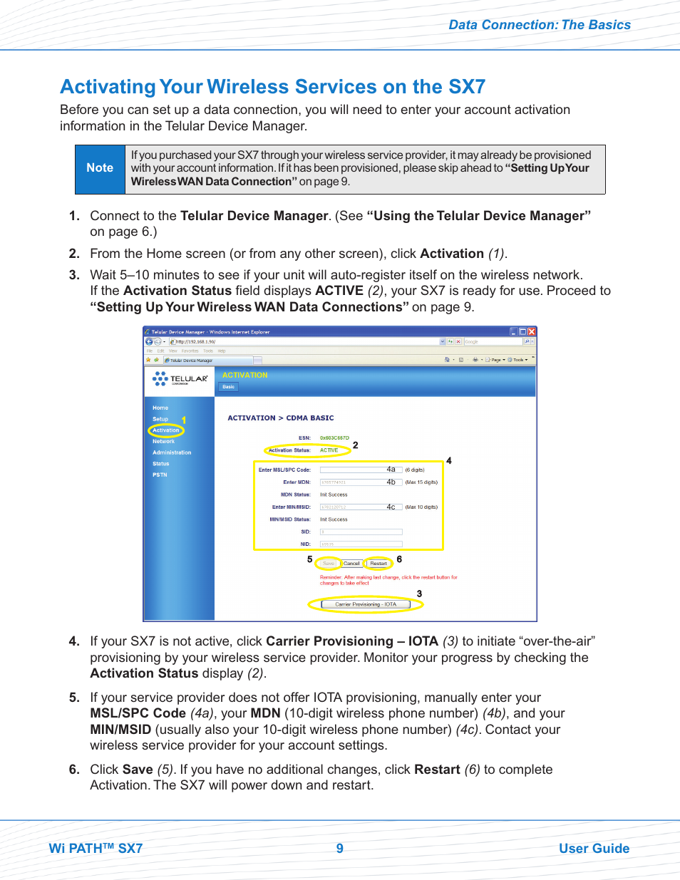 Activating your wireless services on the sx7 | Telular Wi PATHTM SX7T Terminal and SX7M Modem EVDO User Manual | Page 11 / 43