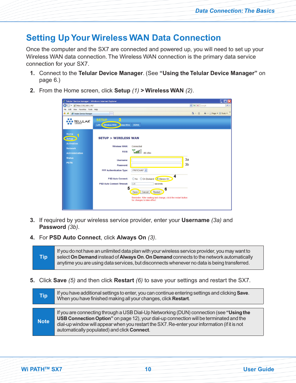 Setting up your wireless wan data connection | Telular Wi PATHTM SX7T Terminal and SX7M Modem EVDO User Manual | Page 12 / 43