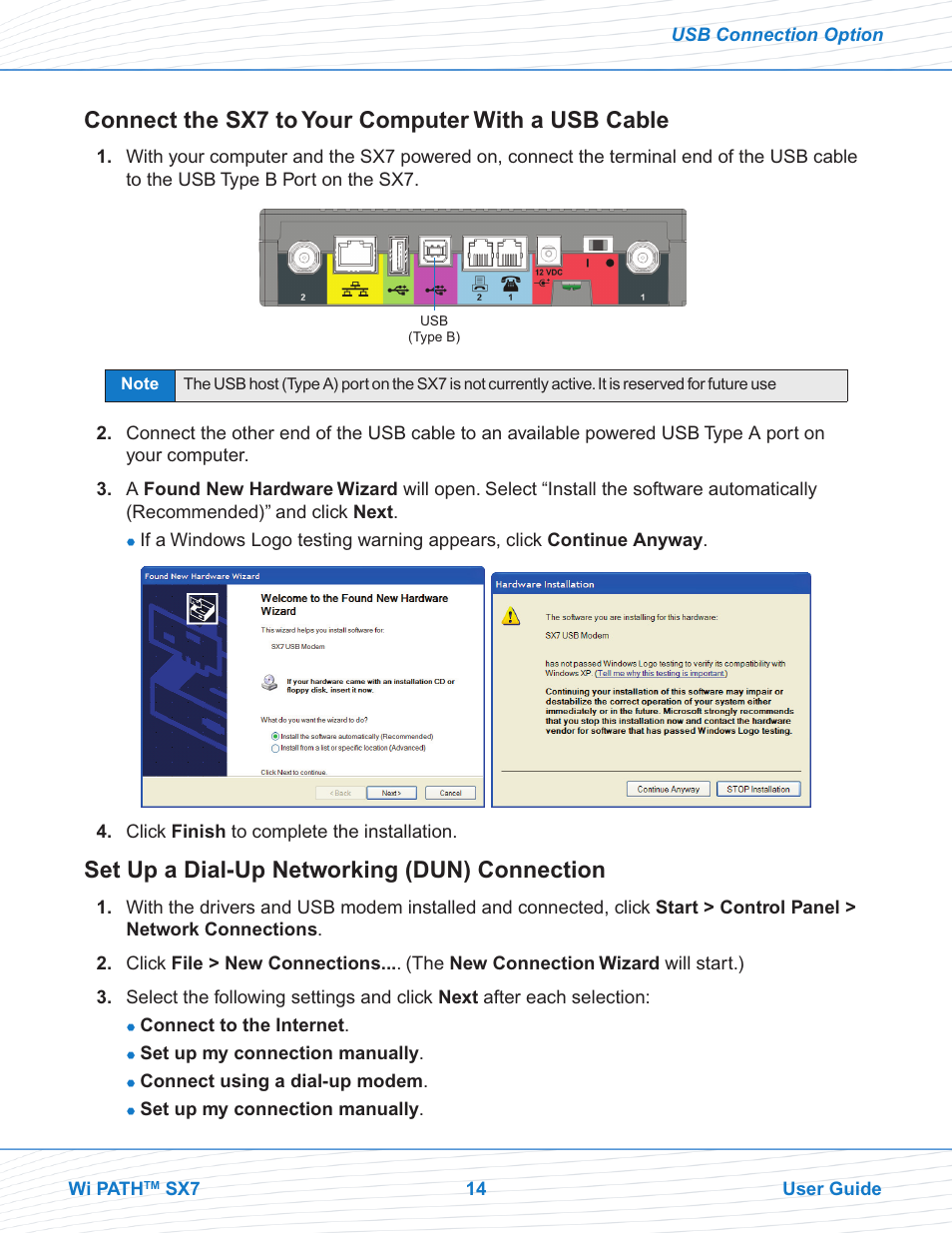 Connect the sx7 to your computer with a usb cable, Set up a dial-up networking (dun) connection | Telular Wi PATHTM SX7T Terminal and SX7M Modem EVDO User Manual | Page 16 / 43