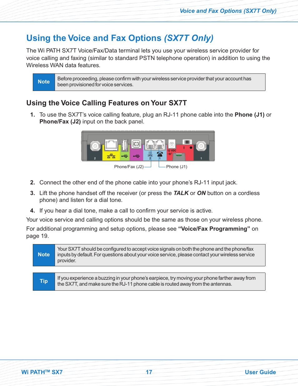 Using the voice and fax options (sx7t only), Using the voice calling features on your sx7t | Telular Wi PATHTM SX7T Terminal and SX7M Modem EVDO User Manual | Page 19 / 43