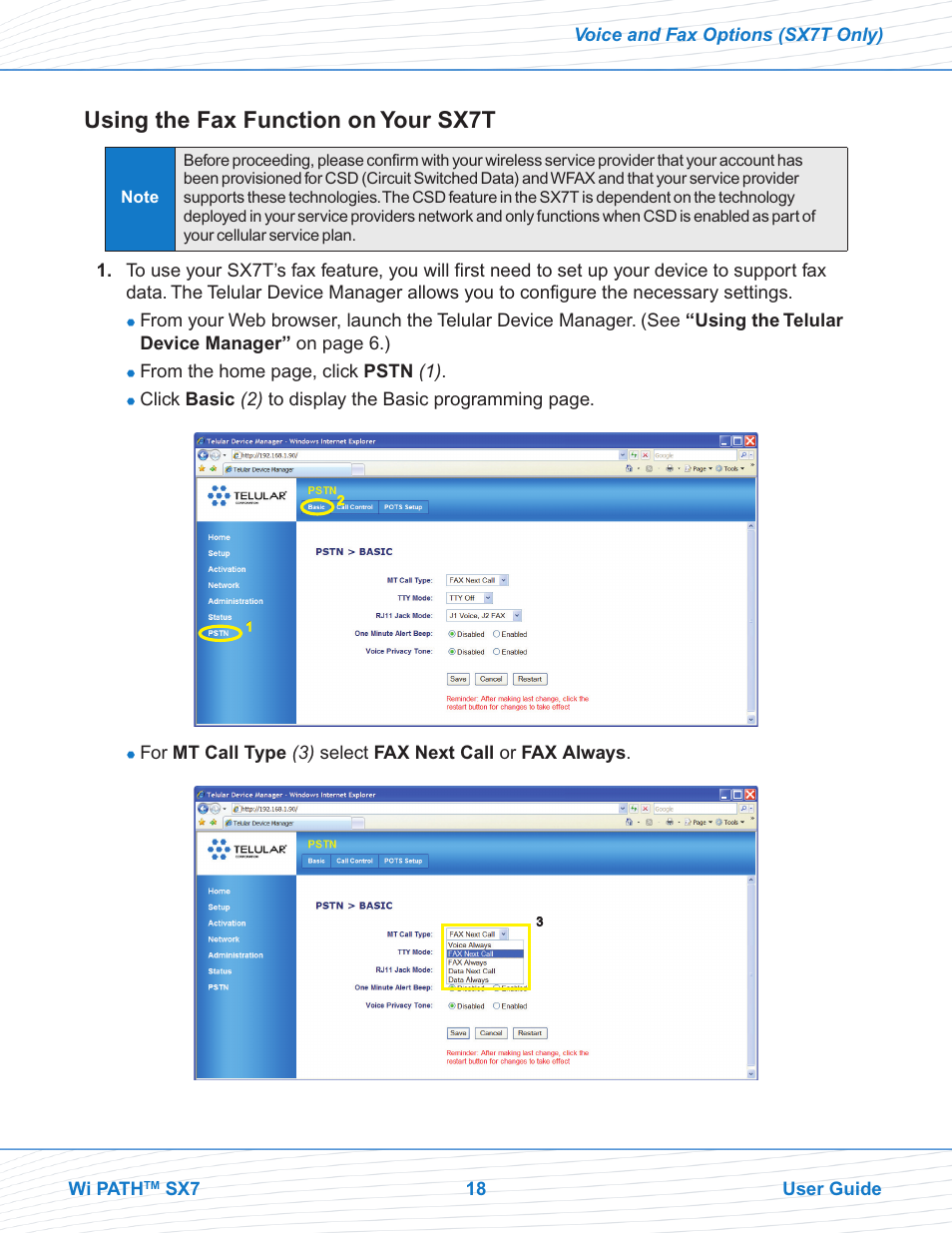 Using the fax function on your sx7t | Telular Wi PATHTM SX7T Terminal and SX7M Modem EVDO User Manual | Page 20 / 43