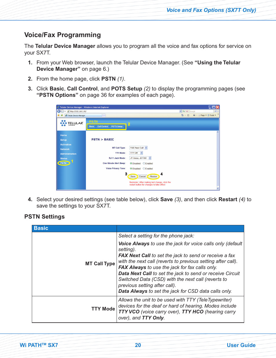 Voice/fax programming | Telular Wi PATHTM SX7T Terminal and SX7M Modem EVDO User Manual | Page 22 / 43