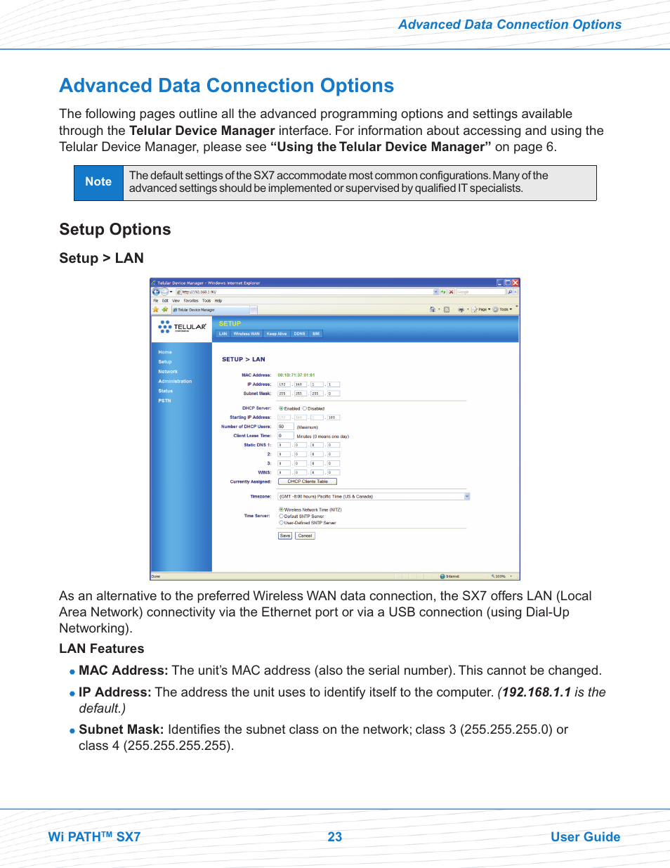 Advanced data connection options, Setup options | Telular Wi PATHTM SX7T Terminal and SX7M Modem EVDO User Manual | Page 25 / 43