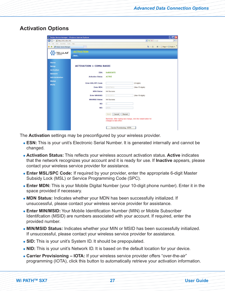 Activation options | Telular Wi PATHTM SX7T Terminal and SX7M Modem EVDO User Manual | Page 29 / 43