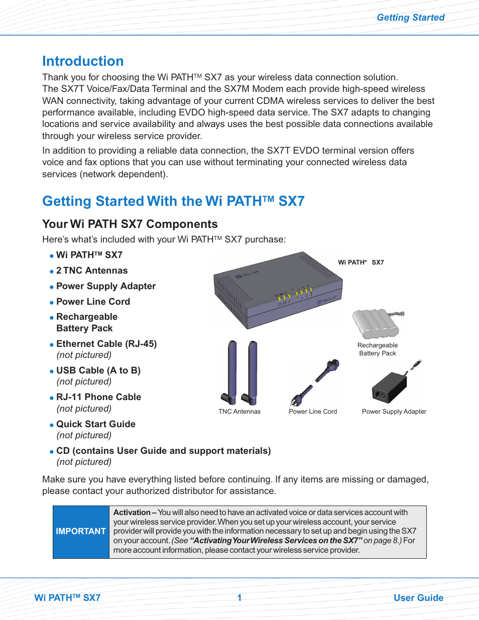 Introduction, Getting started with the wi path, Your wi path sx7 components | Telular Wi PATHTM SX7T Terminal and SX7M Modem EVDO User Manual | Page 3 / 43