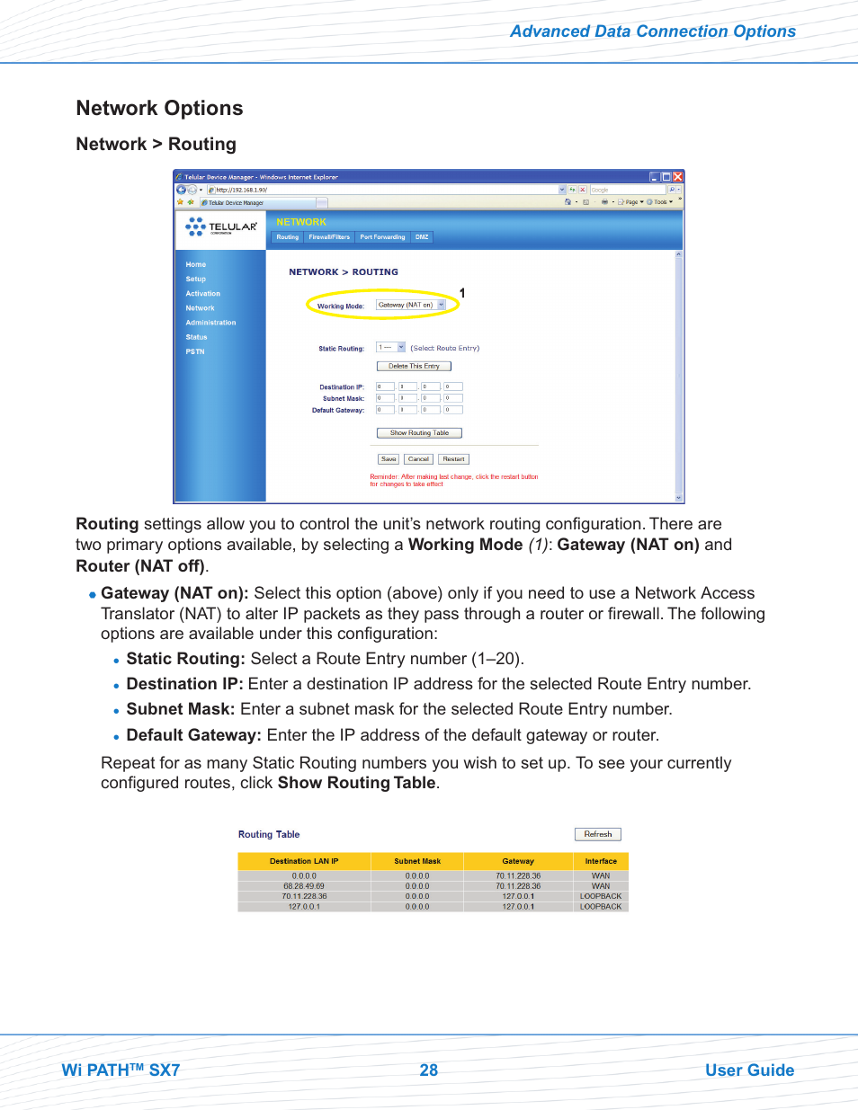 Network options, Network > routing | Telular Wi PATHTM SX7T Terminal and SX7M Modem EVDO User Manual | Page 30 / 43