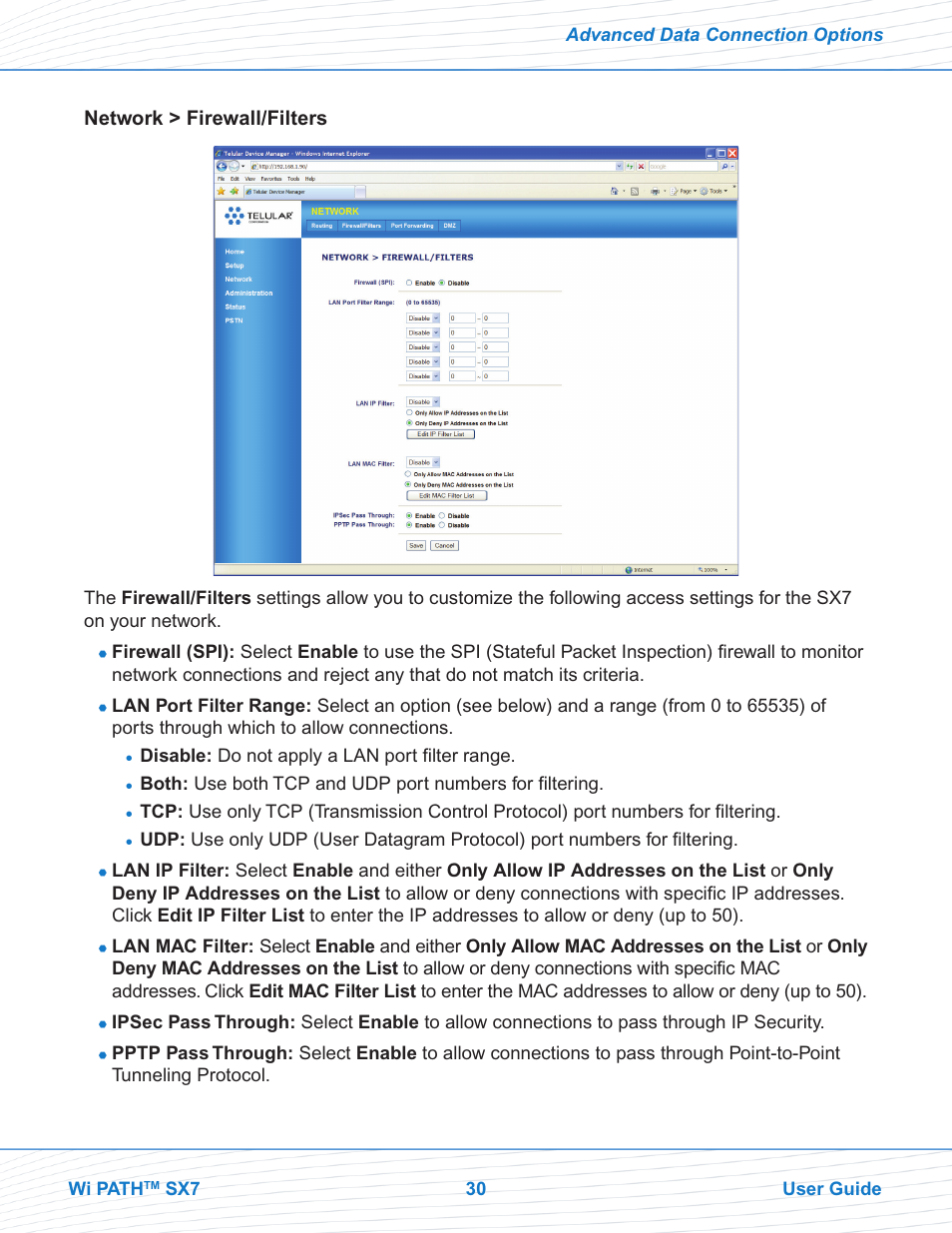 Network > firewall/filters | Telular Wi PATHTM SX7T Terminal and SX7M Modem EVDO User Manual | Page 32 / 43