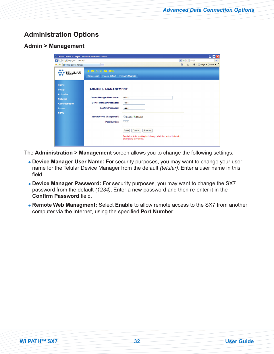 Administration options | Telular Wi PATHTM SX7T Terminal and SX7M Modem EVDO User Manual | Page 34 / 43