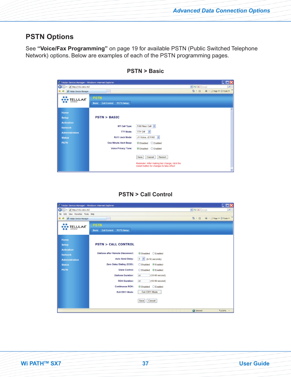 Pstn options | Telular Wi PATHTM SX7T Terminal and SX7M Modem EVDO User Manual | Page 39 / 43