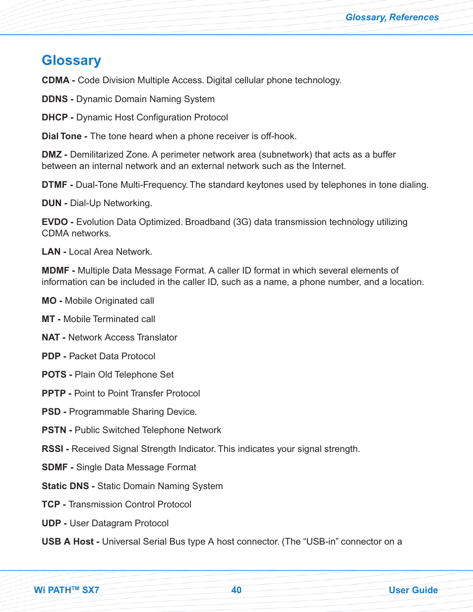 Glossary | Telular Wi PATHTM SX7T Terminal and SX7M Modem EVDO User Manual | Page 42 / 43