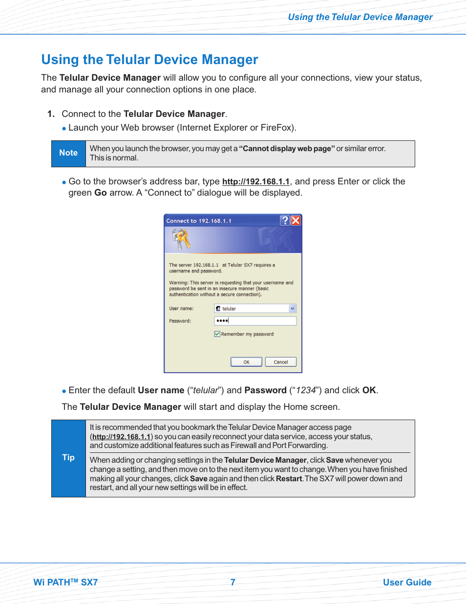 Using the telular device manager | Telular Wi PATHTM SX7T Terminal and SX7M Modem EVDO User Manual | Page 9 / 43