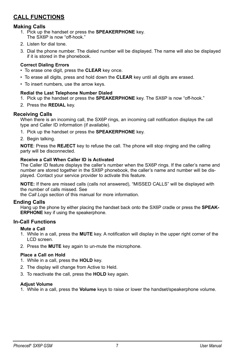 Call functions | Telular PHONECELL SX6P GSM User Manual | Page 13 / 48