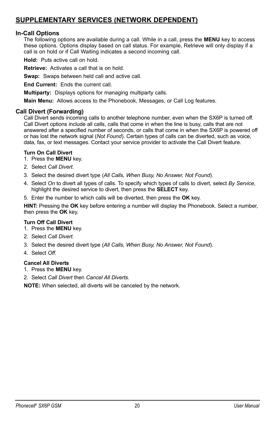 Supplementary services (network dependent) | Telular PHONECELL SX6P GSM User Manual | Page 26 / 48