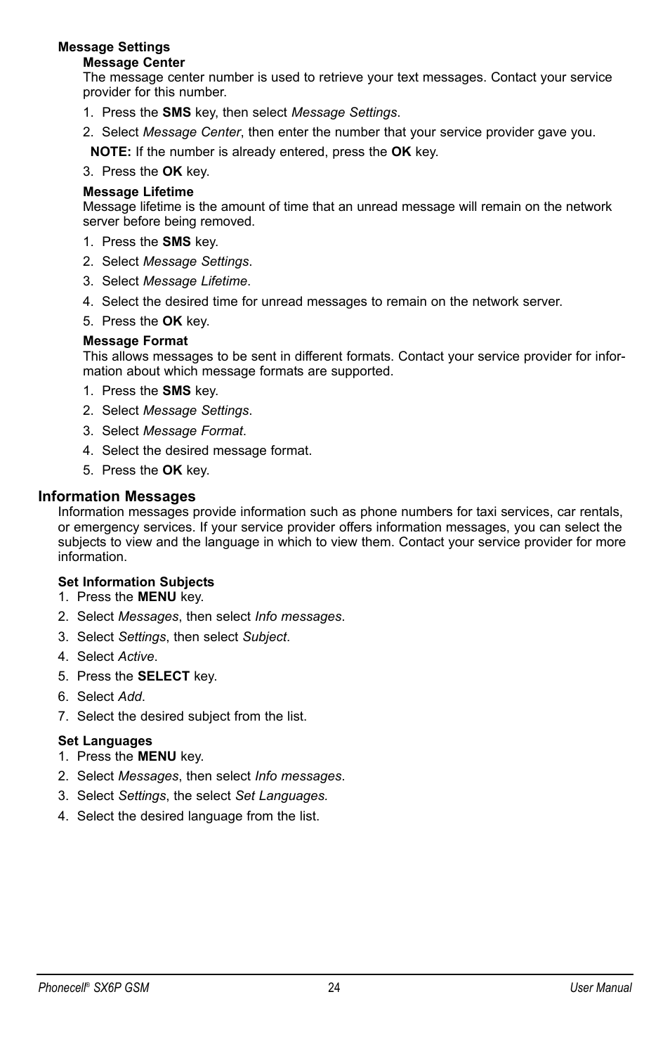 Information messages | Telular PHONECELL SX6P GSM User Manual | Page 30 / 48