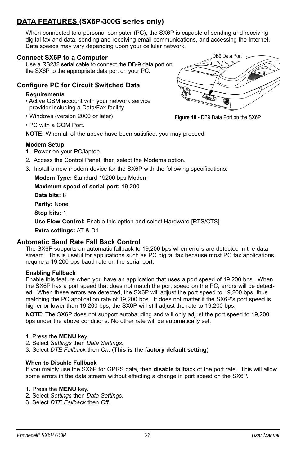 Data features (sx6p-300g series only) | Telular PHONECELL SX6P GSM User Manual | Page 32 / 48