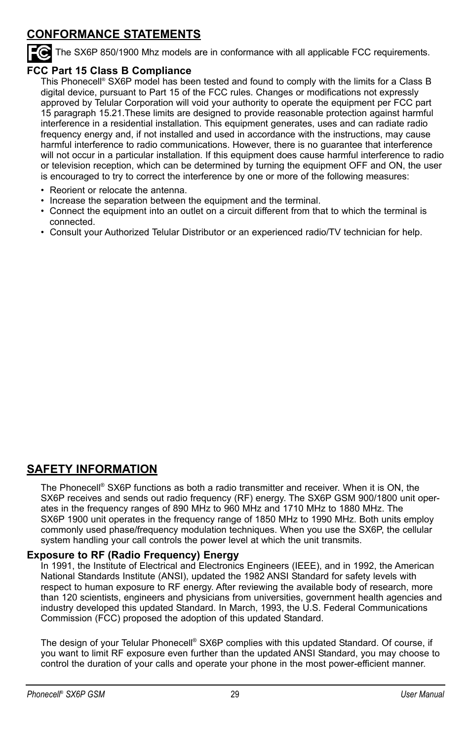 Conformance statements, Safety information, Fcc part 15 class b compliance | Exposure to rf (radio frequency) energy | Telular PHONECELL SX6P GSM User Manual | Page 35 / 48