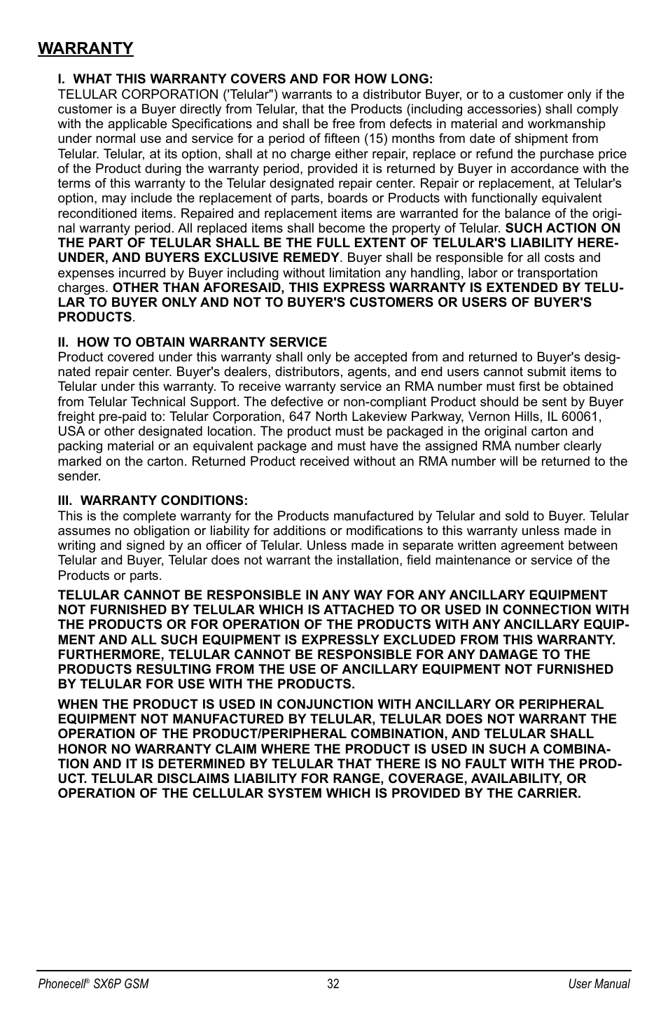 Warranty | Telular PHONECELL SX6P GSM User Manual | Page 38 / 48