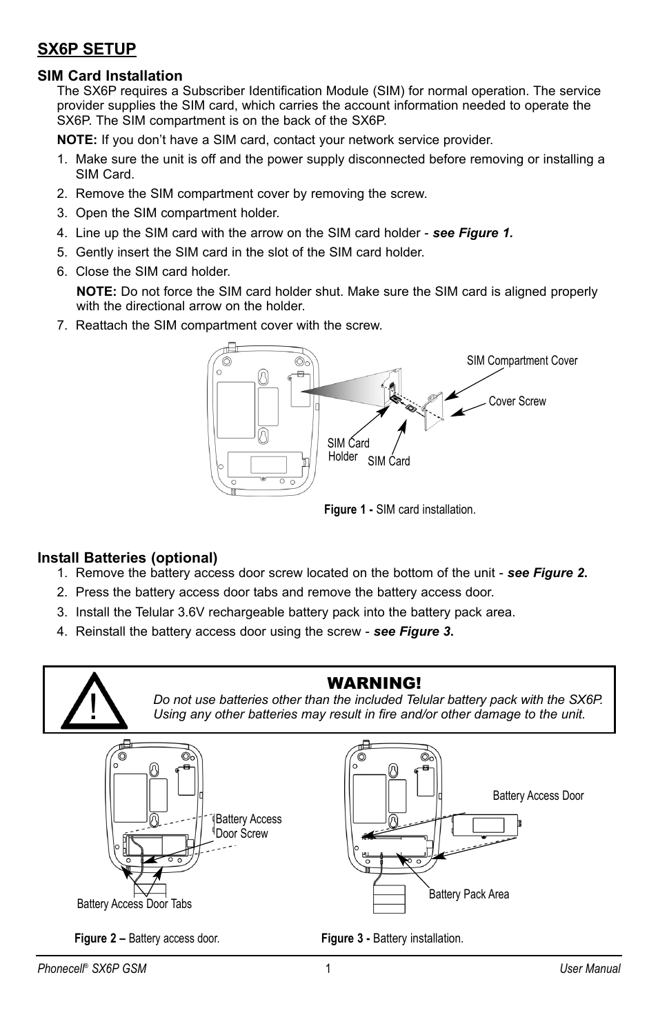 Sx6p setup, Warning | Telular PHONECELL SX6P GSM User Manual | Page 7 / 48