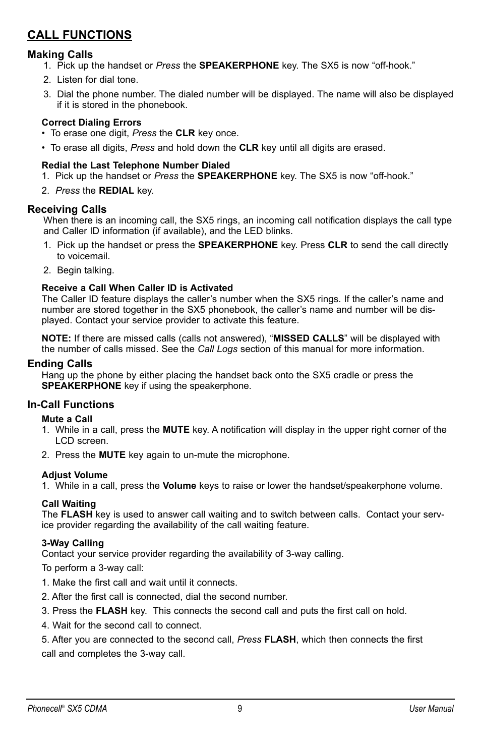 Call functions | Telular SX5P CDMA2000 User Manual | Page 15 / 48