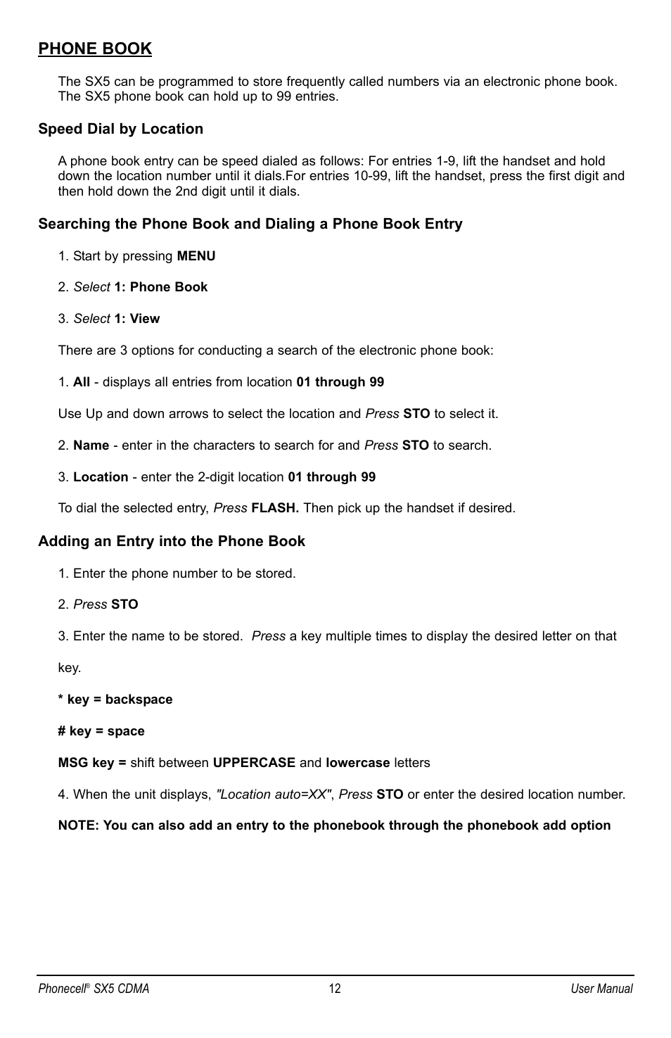 Phone book | Telular SX5P CDMA2000 User Manual | Page 18 / 48