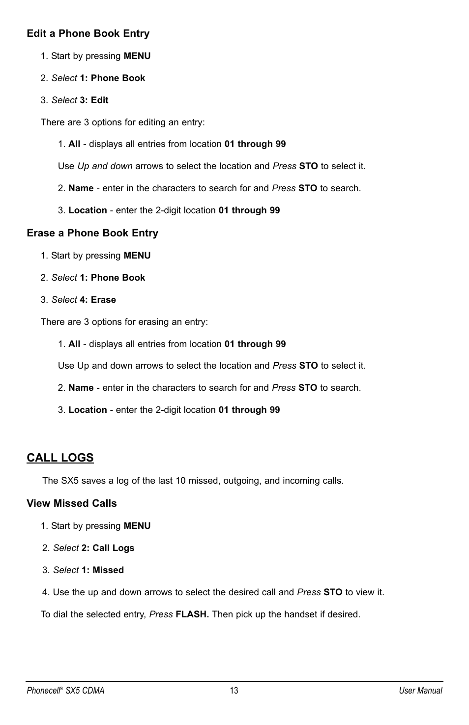 Call logs | Telular SX5P CDMA2000 User Manual | Page 19 / 48