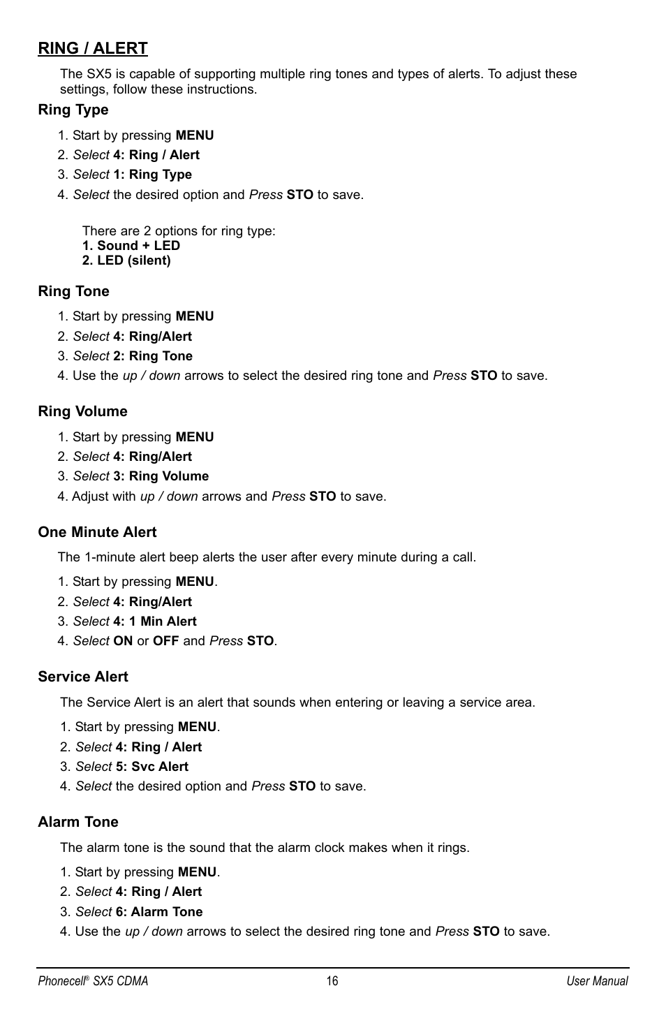 Ring / alert | Telular SX5P CDMA2000 User Manual | Page 22 / 48