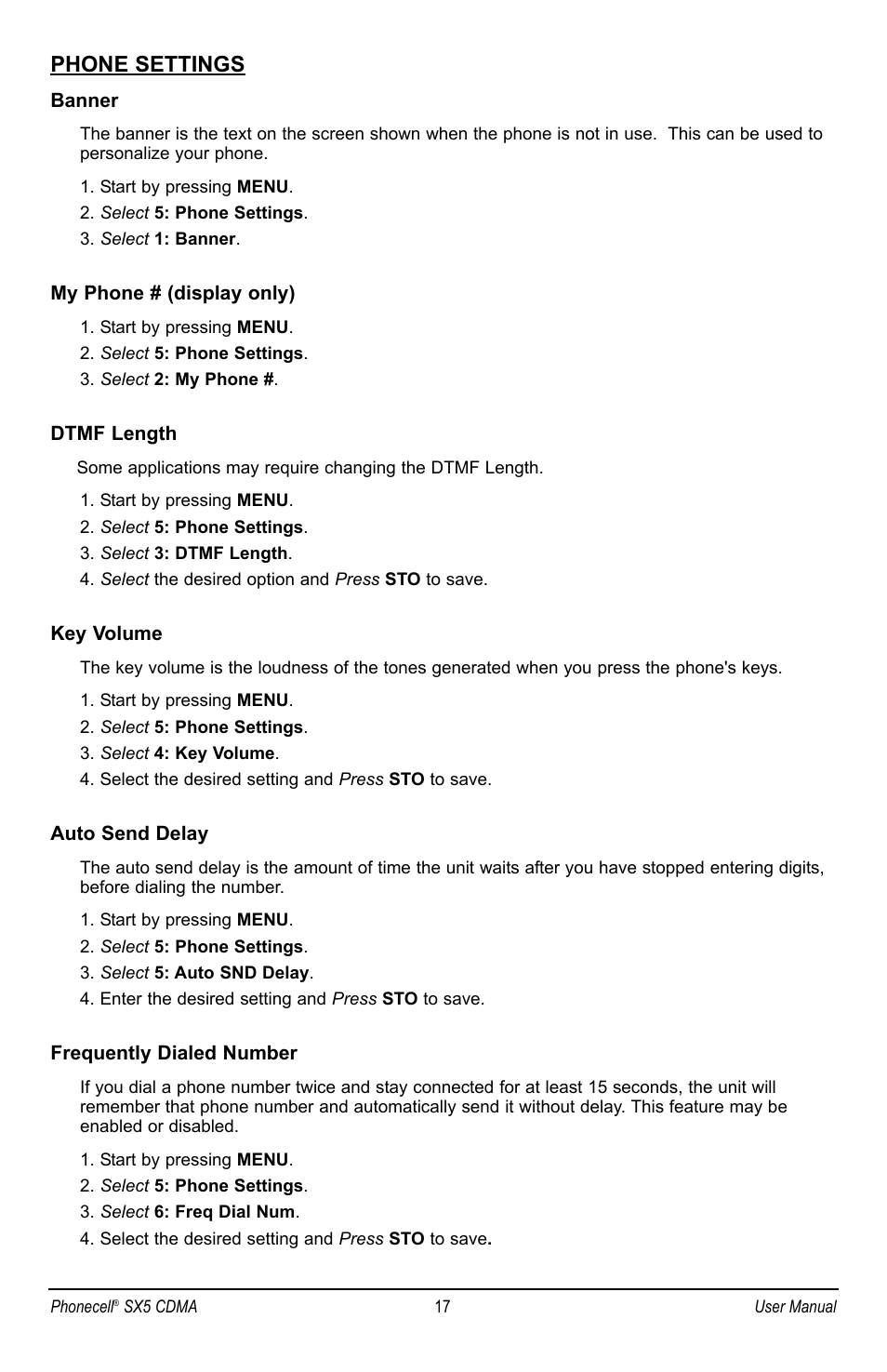 Phone settings | Telular SX5P CDMA2000 User Manual | Page 23 / 48