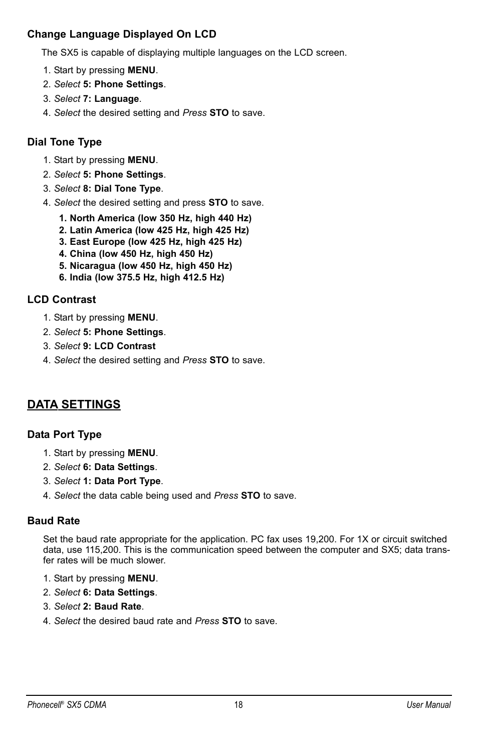 Data settings | Telular SX5P CDMA2000 User Manual | Page 24 / 48