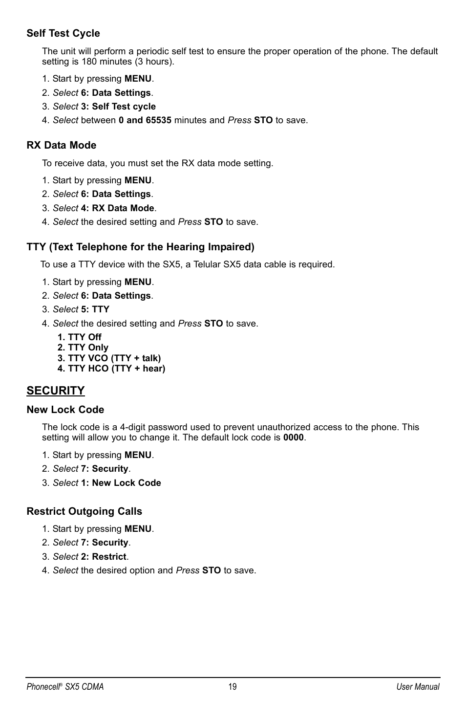 Security | Telular SX5P CDMA2000 User Manual | Page 25 / 48