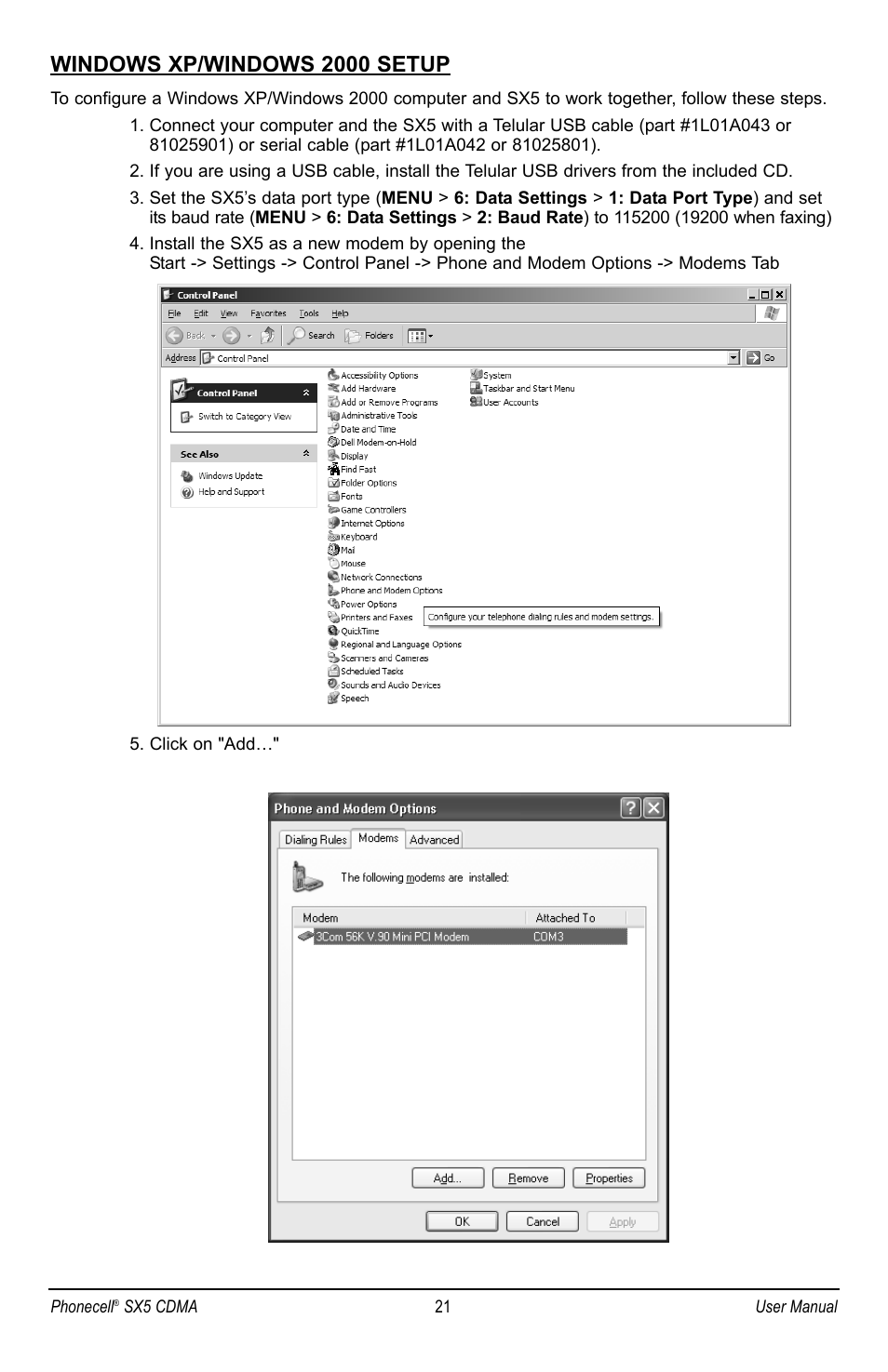 Windows xp/windows 2000 setup | Telular SX5P CDMA2000 User Manual | Page 27 / 48