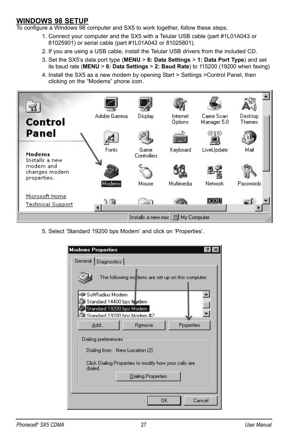 Windows 98 setup | Telular SX5P CDMA2000 User Manual | Page 33 / 48